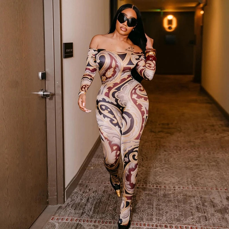 CUTENOVA Fall New Colorful Printed Women'S Jumpsuit One-Shoulder Strapless Long Sleeves Slim Fit Elastic Ankles Jumpsuit Female